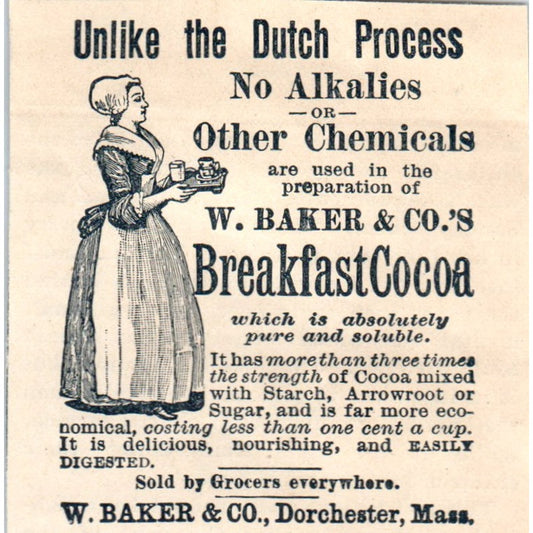 W.A. Baker & Co Breakfast Cocoa Dorchester MA 1894 Ad AB6-SM2