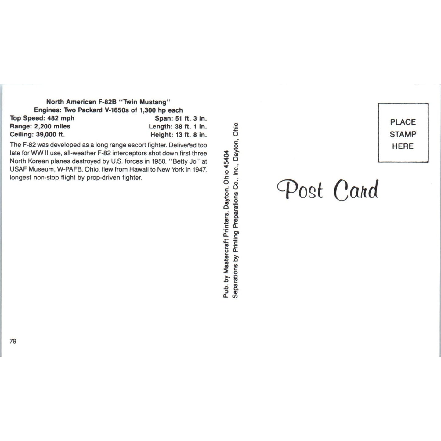 North American F-82B Twin Mustang Vintage Postcard TG8-PC