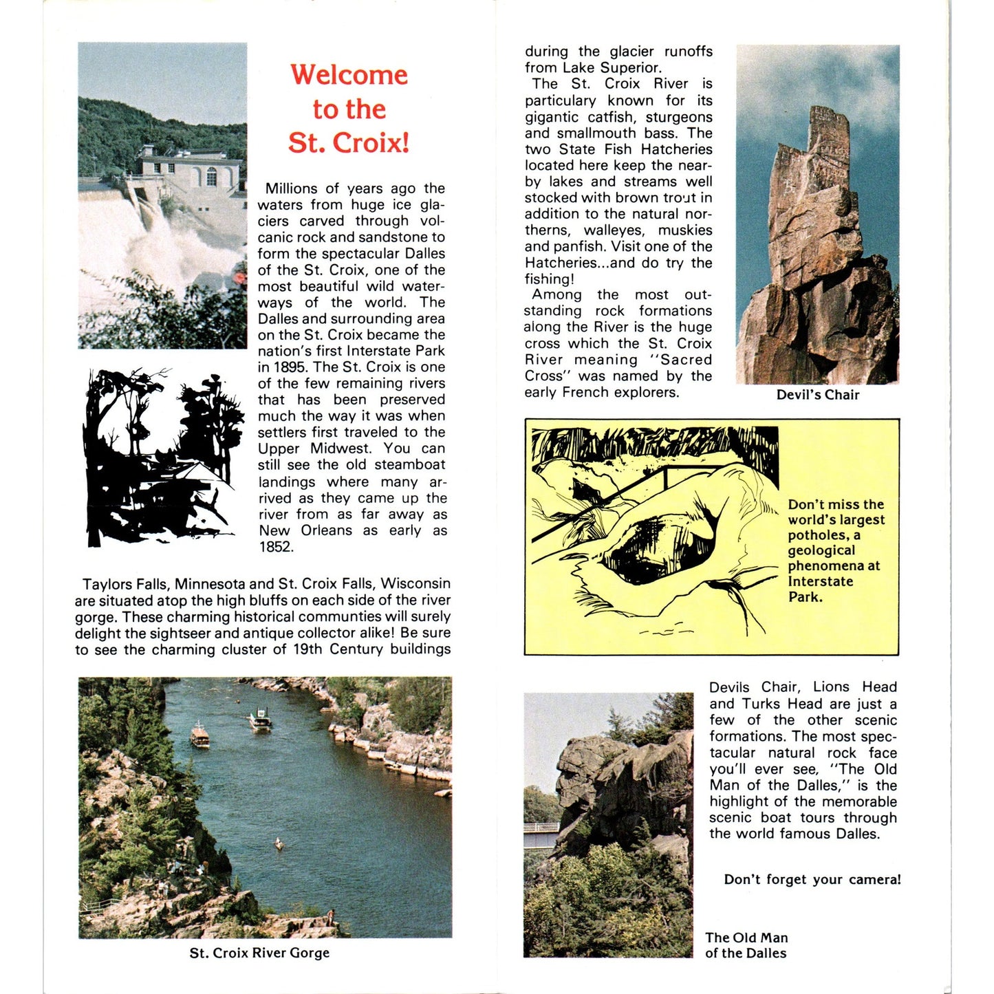 Vintage Dalles of St. Croix Falls, Taylors Falls Fold Out Travel Brochure TF4-B1