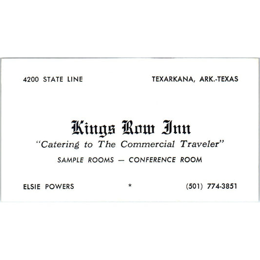 Kings Row Inn Elsie Powers Texarkana AR Vintage Business Card SD8-B22