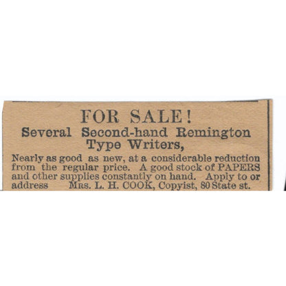 L.H. Cook Second-Hand Remington Typewriters 1886 Newspaper Ad AF7-SS8