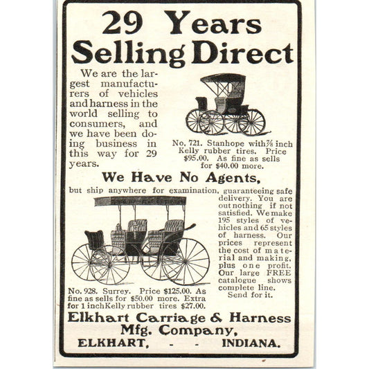Elkhart Carriage & Harness Mfg Co c1905 Original Magazine Advertisement AE7-A2