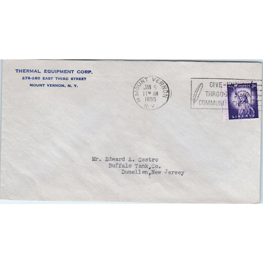 1955 Thermal Equipment Mount Vernon Edward Castro Dunellen Postal Cover TI5-PC1