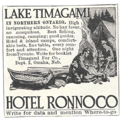 Lake Timagami Ontario Hotel Ronnoco c1918 Original Advertisement AE5-SV6