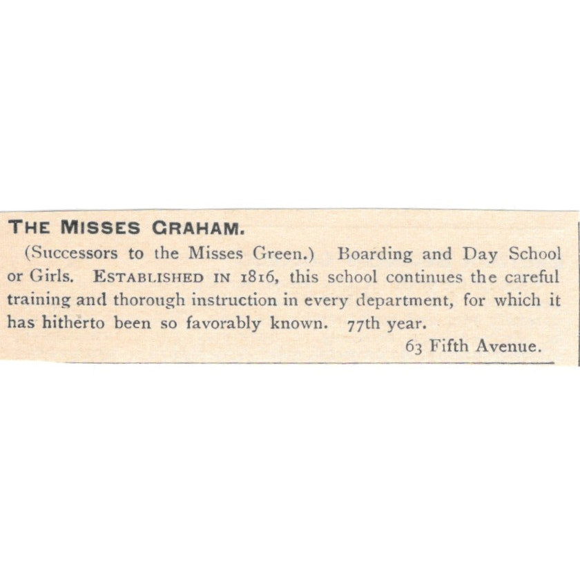 The Misses Graham School for Girls 63 Fifth Ave New York 1892 Magazine Ad AB6-S6