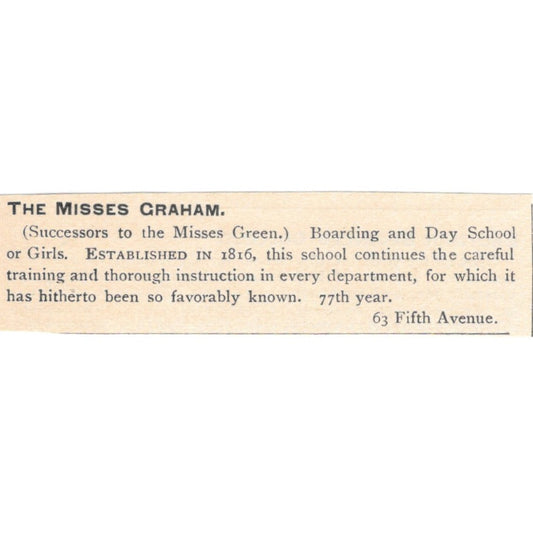 The Misses Graham School for Girls 63 Fifth Ave New York 1892 Magazine Ad AK6-S6