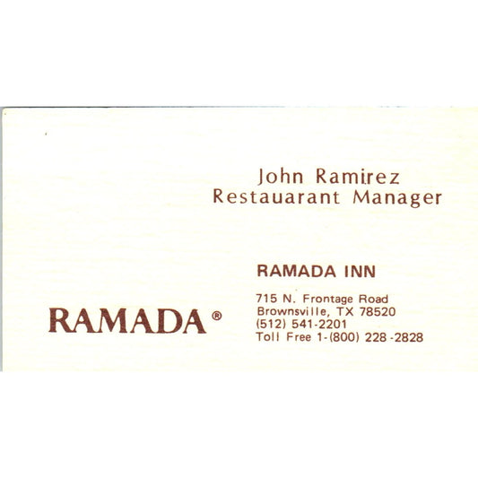 John Ramirez Ramada Inn Brownsville TX Vintage Business Card SE3-B1
