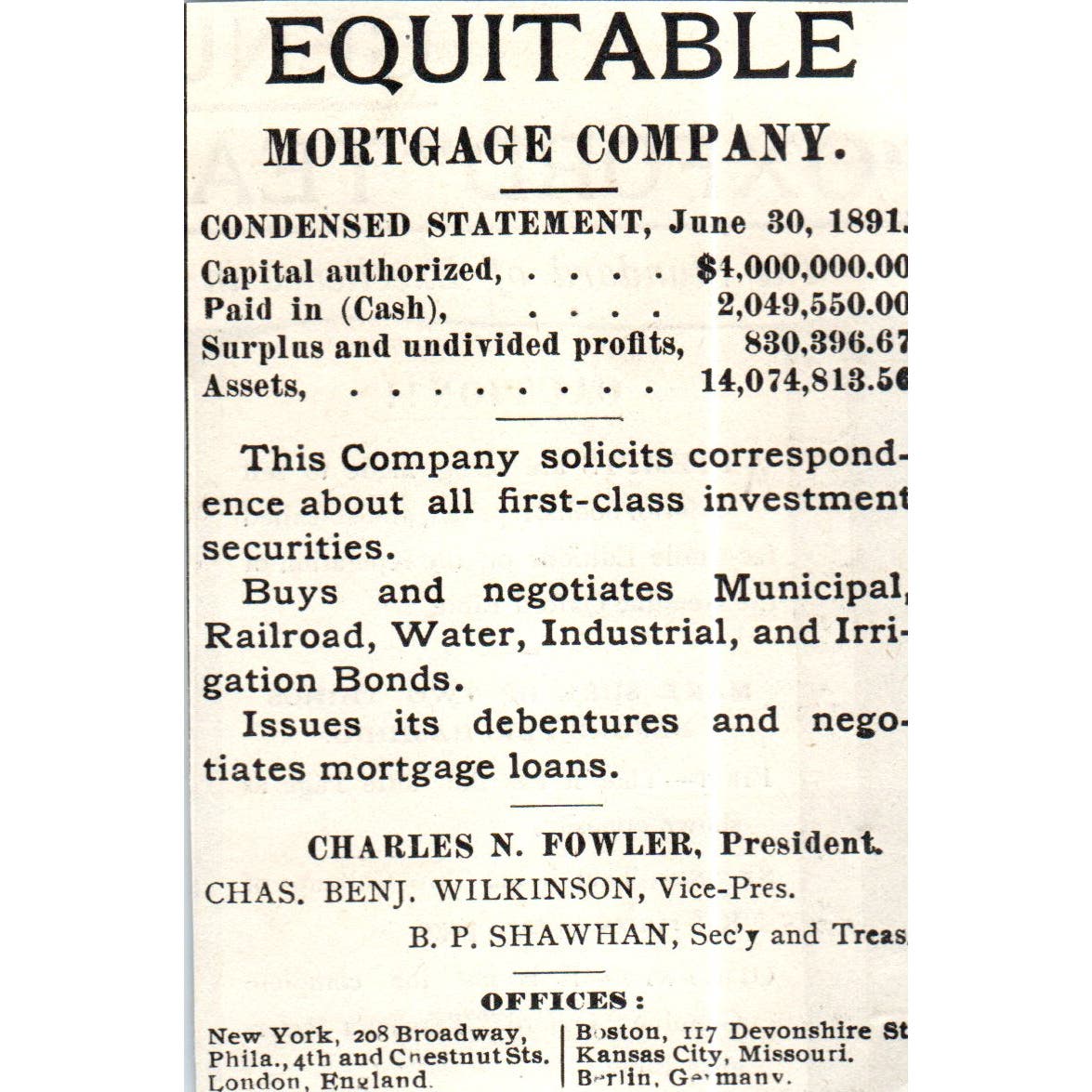 Equitable Mortgage Company Charles N. Fowler c1890 Victorian Ad AE8-CH8