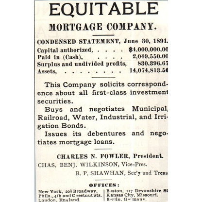Equitable Mortgage Company Charles N. Fowler c1890 Victorian Ad AE8-CH8