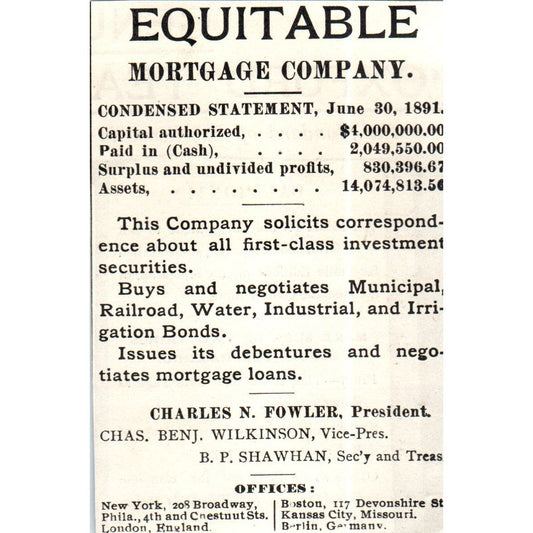 Equitable Mortgage Company Charles N. Fowler c1890 Victorian Ad AE8-CH8