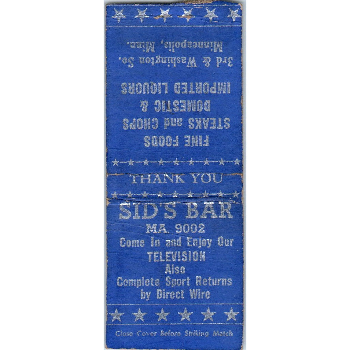 Sid's Bar 3rd & Washington So. Minneapolis MN Vintage Matchbook Cover SD2-Y13