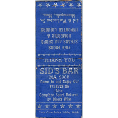 Sid's Bar 3rd & Washington So. Minneapolis MN Vintage Matchbook Cover SD2-Y13