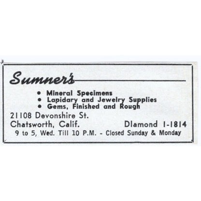 Summer's Lapidary Supply Chatsworth California 1964 Magazine Ad AK6-S5