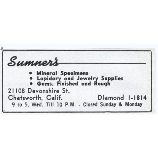 Summer's Lapidary Supply Chatsworth California 1964 Magazine Ad AK6-S5