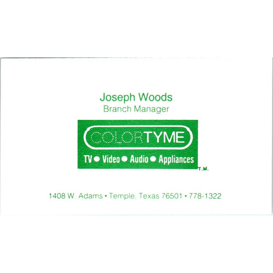 Joseph Woods Temple TX Colortyme TV Rental Vintage Business Card SD8-B5
