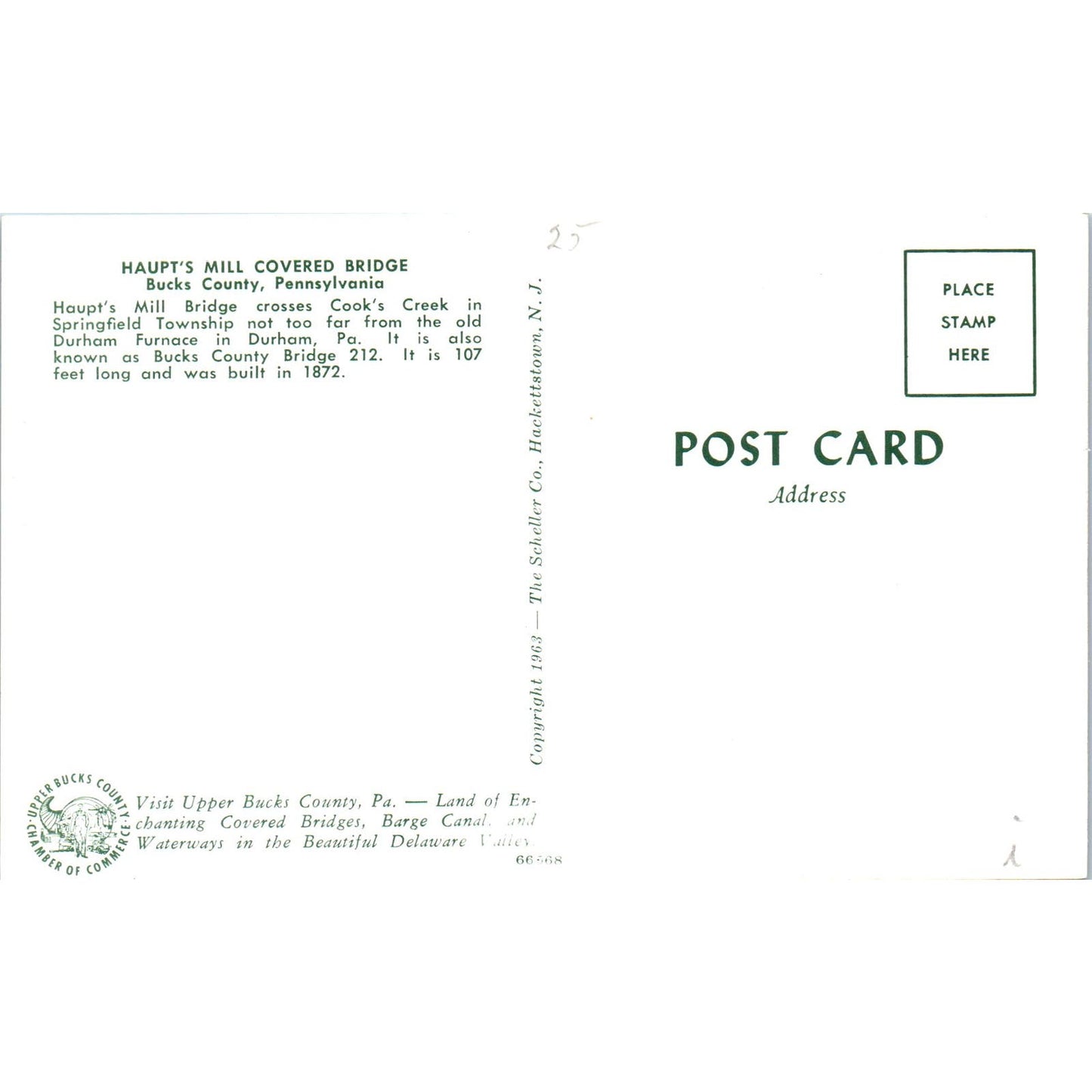 Haupt's Mill Bridge Bucks County Pennsylvania Covered Bridge Postcard PC5