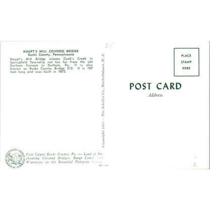 Haupt's Mill Bridge Bucks County Pennsylvania Covered Bridge Postcard PC5