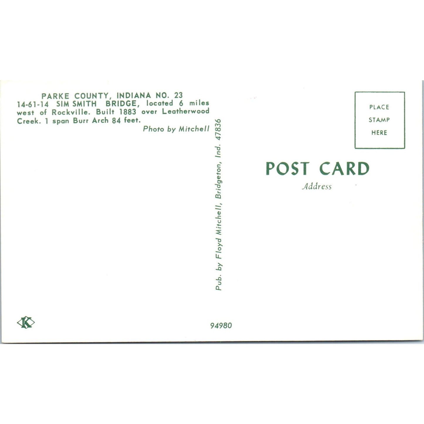 Sim Smith Bridge Parke County Indiana #23 Covered Bridge Postcard PB10