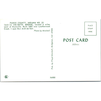 Sim Smith Bridge Parke County Indiana #23 Covered Bridge Postcard PB10