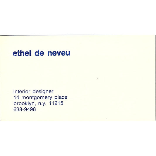 Ethel De Neveu 14 Montgomery Place Brooklyn N.Y. Vintage Business Card SF3-B3
