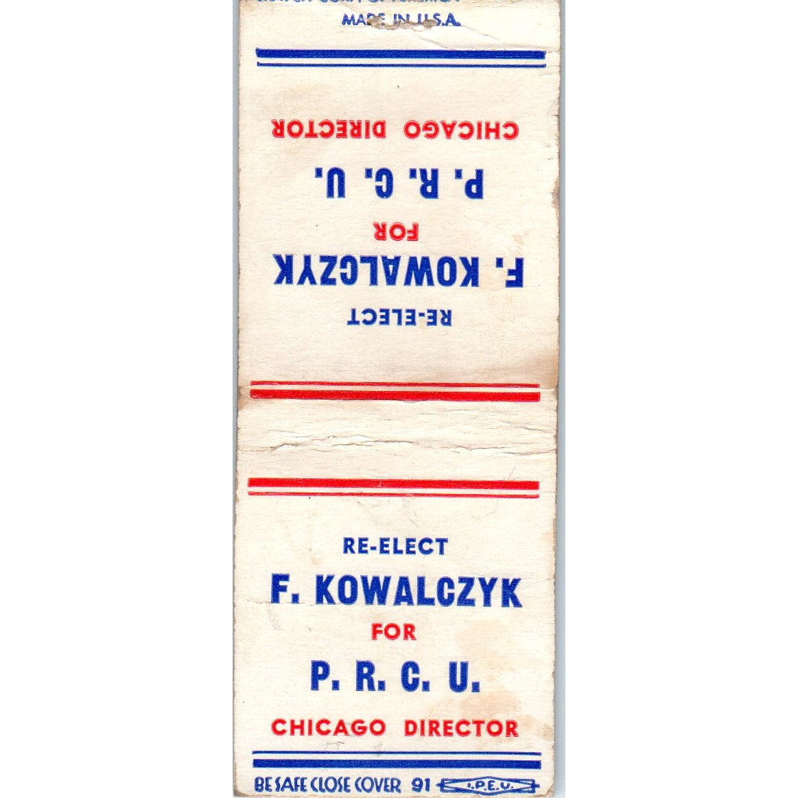 F. Kowalczyk P.R.C.U. Chicago Director Political Vintage Matchbook Cover SF4-Y1