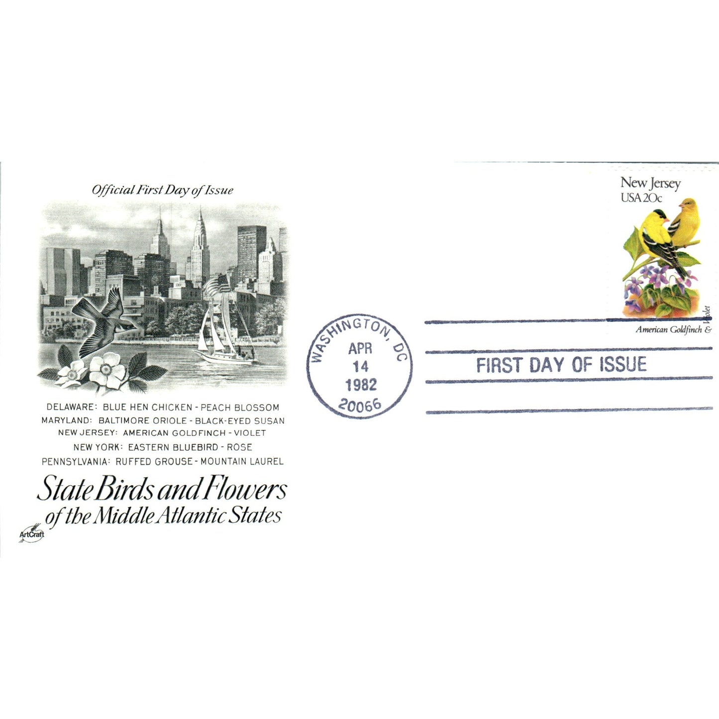 New Jersey 1982 State Birds & Flowers of Middle Atlantic First Day Issue TJ5-PC1
