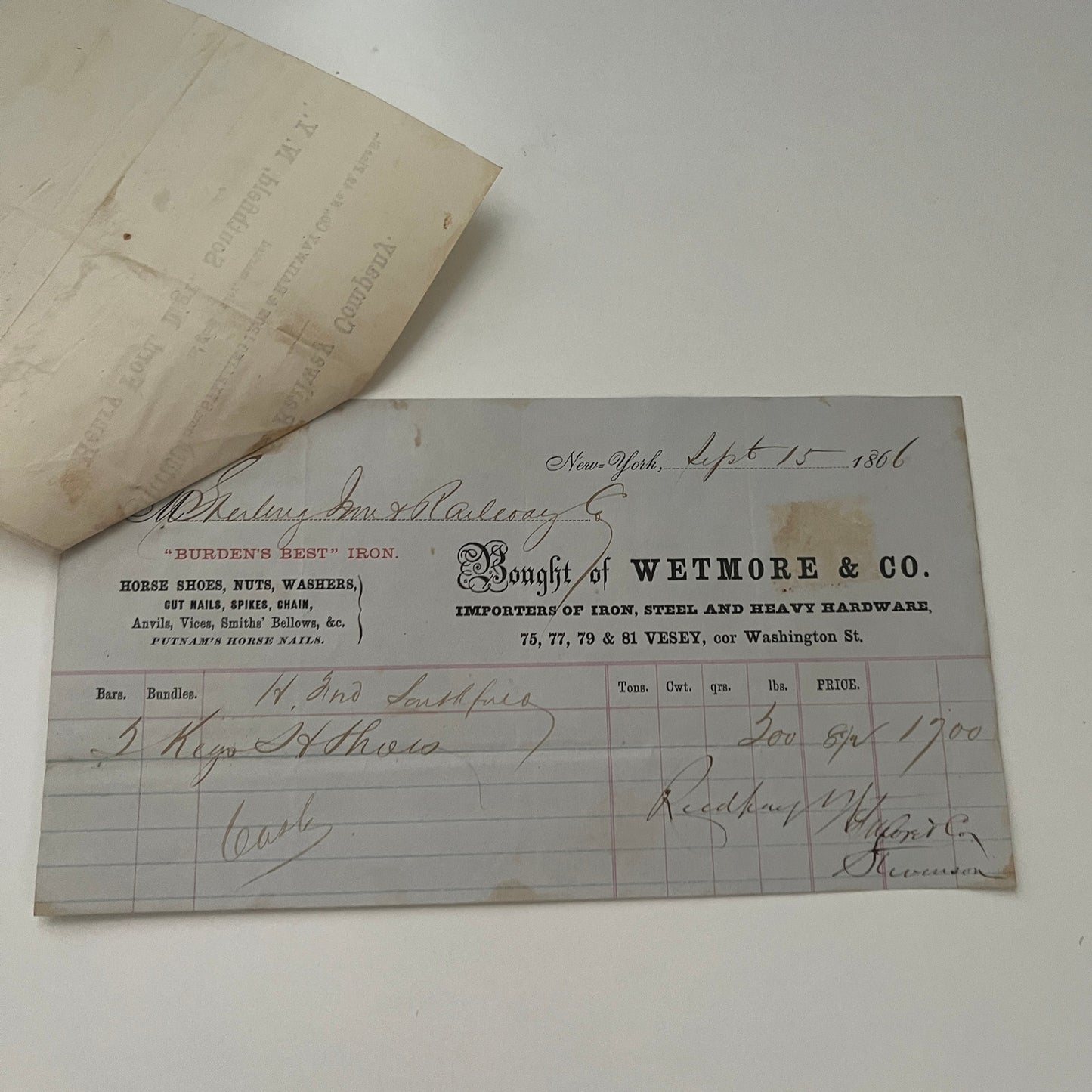 Wetmore & Co Iron, Steel New York 1866 Billhead & Erie Ry Waybill C15
