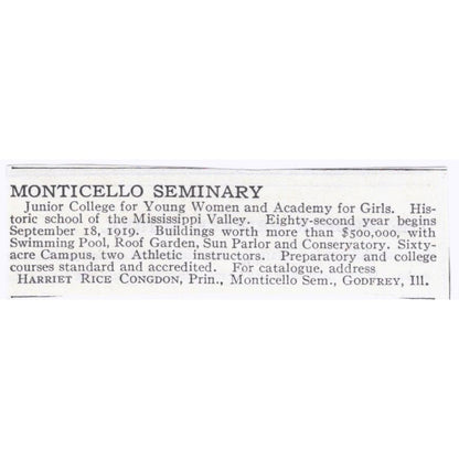 Monticello Seminary Harriet Rice Congdon Godfrey IL c1918 Advertisement AE5-SA4