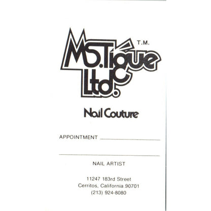 Ms.Tiq Ltd. Nail Couture Cerritos CA Vintage Business Card SD8-B10