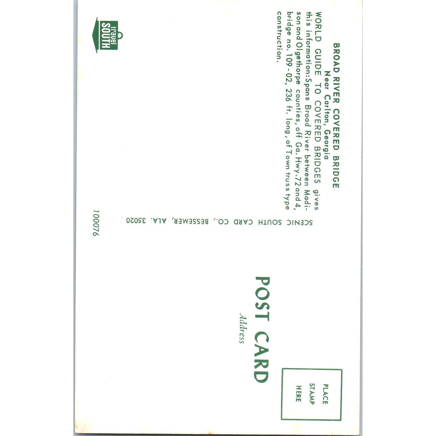 Broad River Bridge Carlton Georgia Covered Bridge Postcard PC5