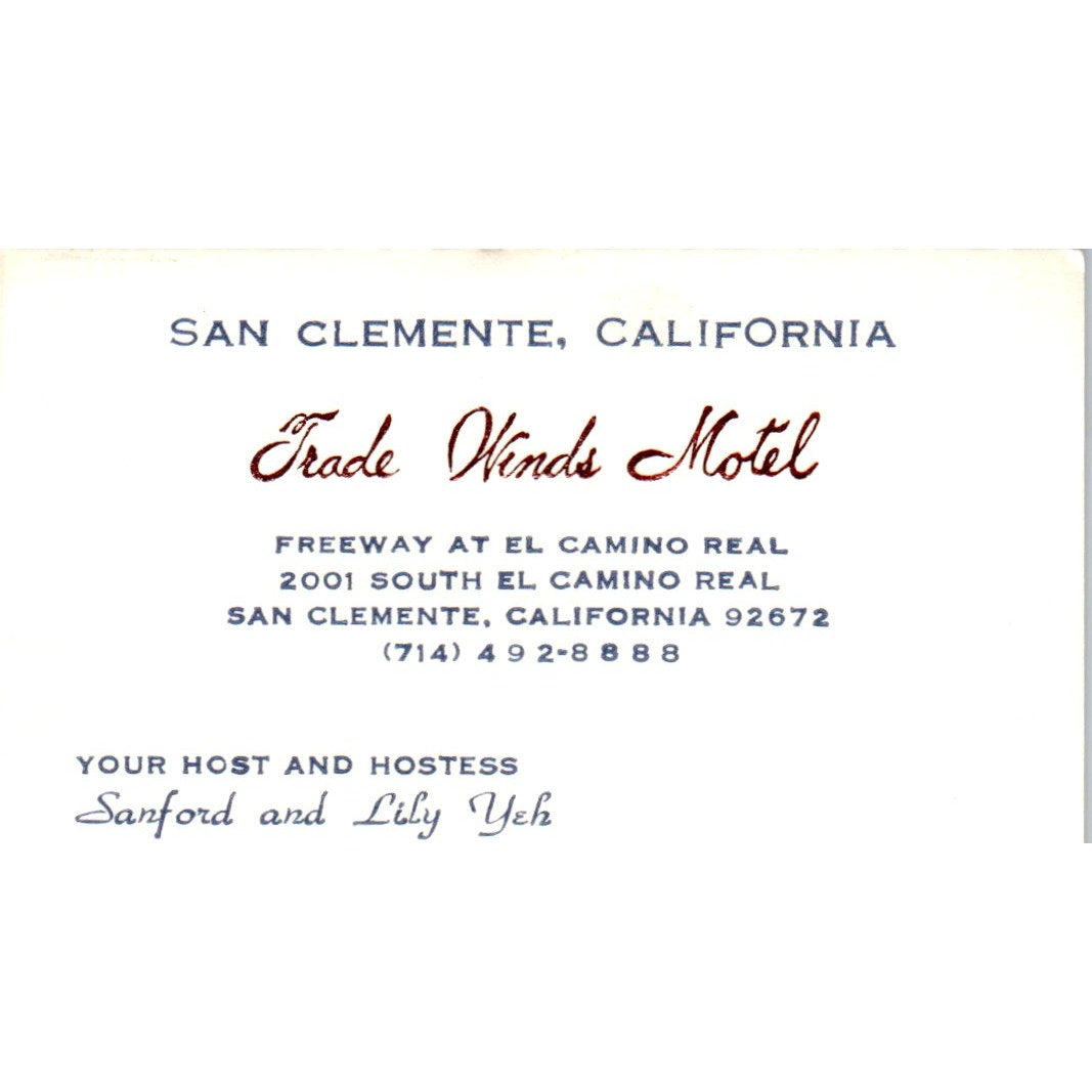 Trade Winds Motel Sanford & Lily Yeh San Clemente Vintage Business Card SD8-B22