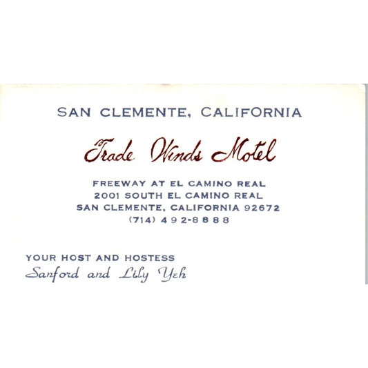Trade Winds Motel Sanford & Lily Yeh San Clemente Vintage Business Card SD8-B22
