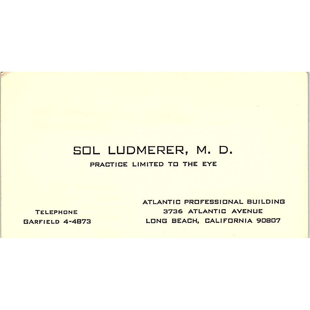 Practice Limited To The Eye Sol Ludmerer Long Beach CA Business Card SB4-B3