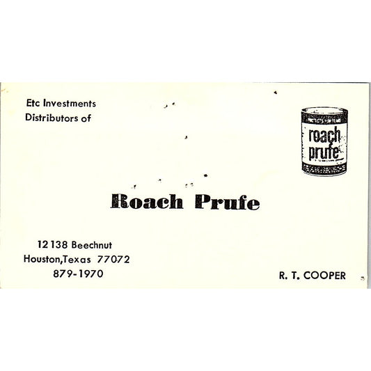Roach Prufe R.T. Cooper Houston Texas Vintage Business Card SB4-B1