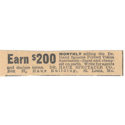 Dr. Haux Spectacle Co Agents Wanted St. Louis MO 1910 Magazine Ad AF1-SS8