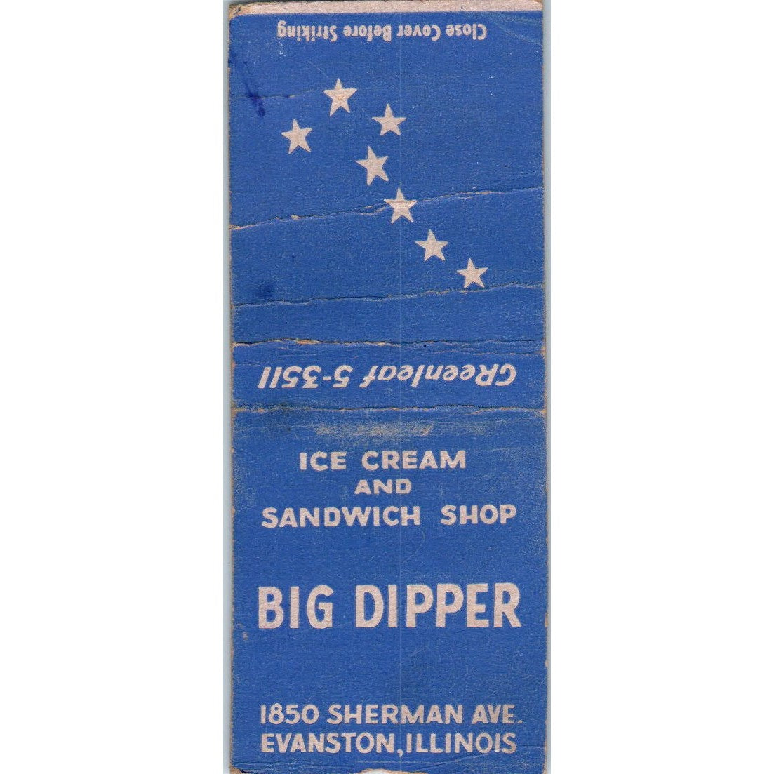 Big Dipper Ice Cream & Sandwich Shop Evanston IL Vintage Matchbook Cover SD2-Y13