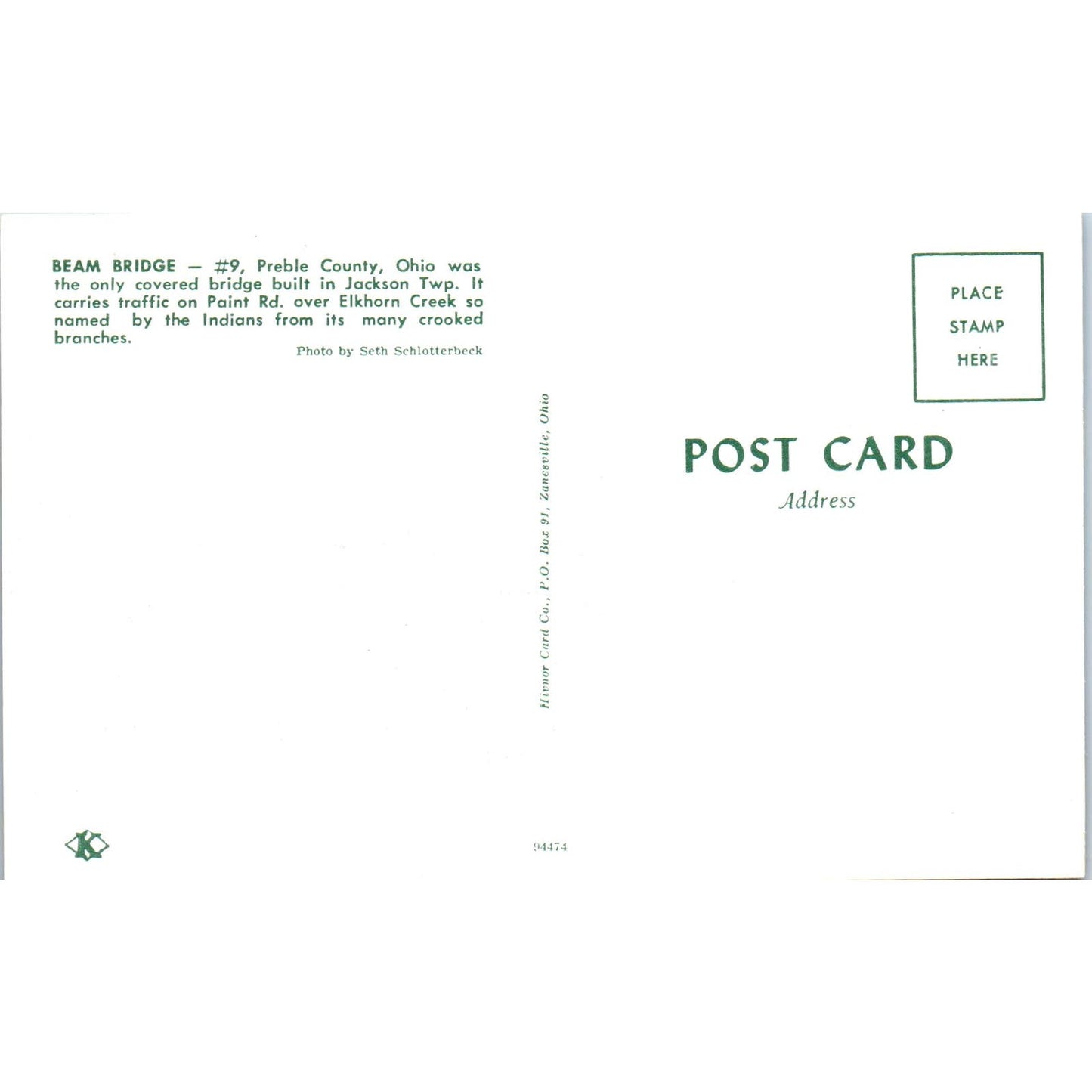 Beam Bridge Preble County Ohio Jackson Twp Covered Bridge Postcard PB10