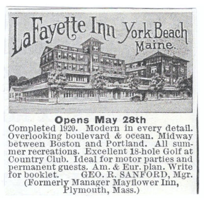 LaFayette Inn York Beach ME Geo. R. Sanford c1918 Original Advertisement AE5-SV6