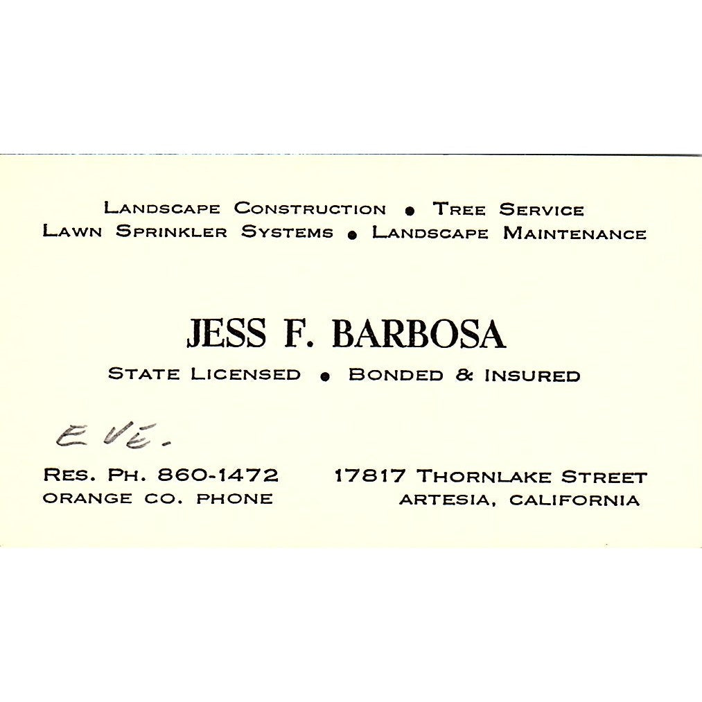 Jess F. Barbosa State Licensed Artesia CA Vintage Business Card SSB4-B13