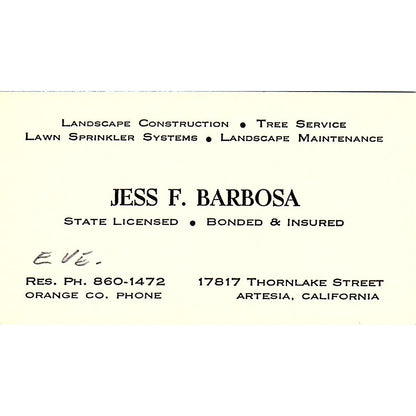 Jess F. Barbosa State Licensed Artesia CA Vintage Business Card SSB4-B13