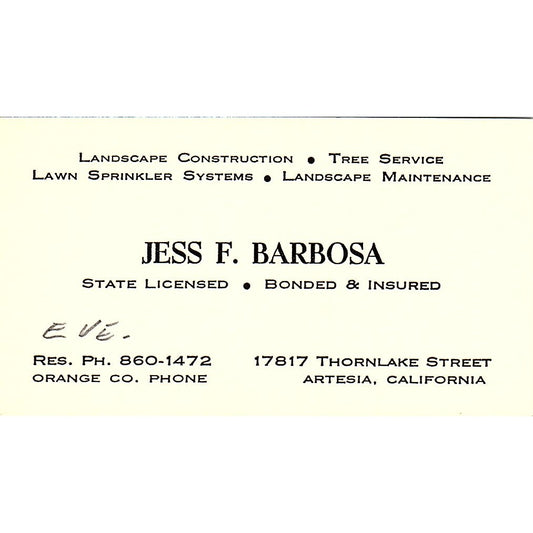 Jess F. Barbosa State Licensed Artesia CA Vintage Business Card SSB4-B13