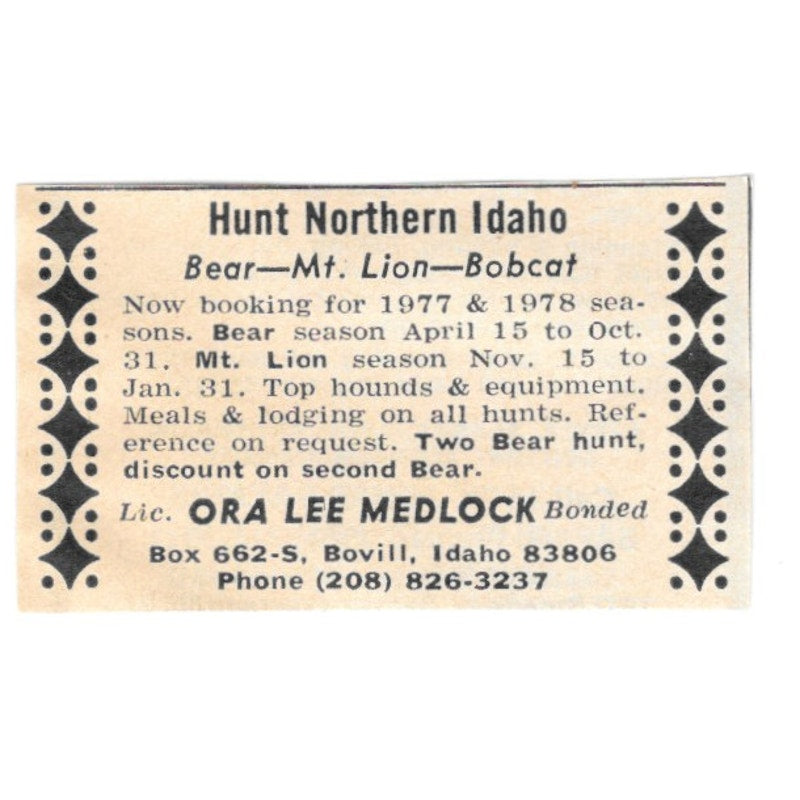 Ora Lee Medlock Hunt Northern Idaho Bovill ID 1977 Ad AF6-S2