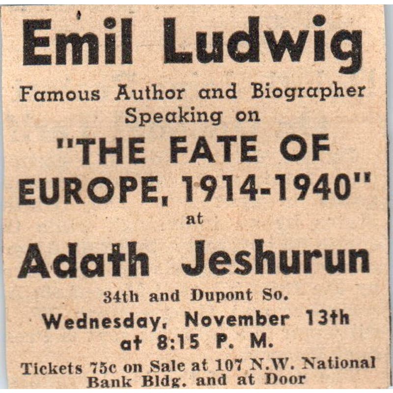 Emil Ludwig at Adath Jeshurun - The Fate of Europe 1935 Newspaper Ad AE7-H2