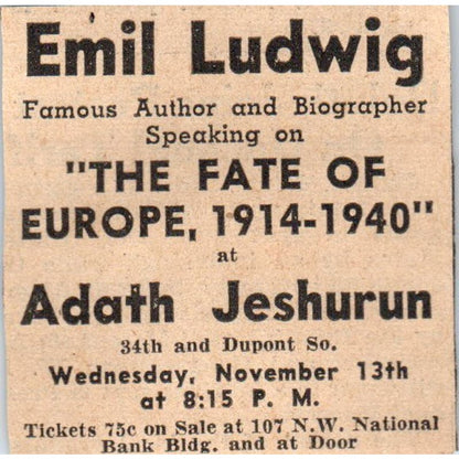 Emil Ludwig at Adath Jeshurun - The Fate of Europe 1935 Newspaper Ad AE7-H2