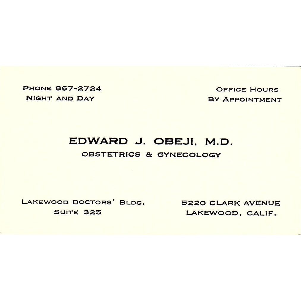 Obstetrics and Gynecology Edward Obeji Lakewood CA Vintage Business Card SF3-B9