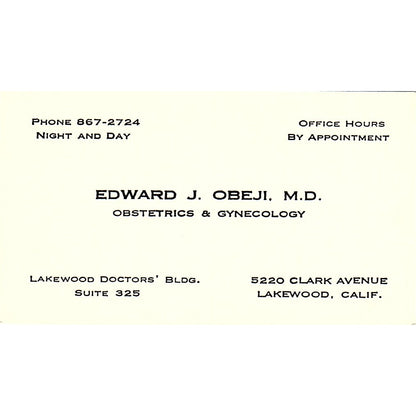 Obstetrics and Gynecology Edward Obeji Lakewood CA Vintage Business Card SF3-B9