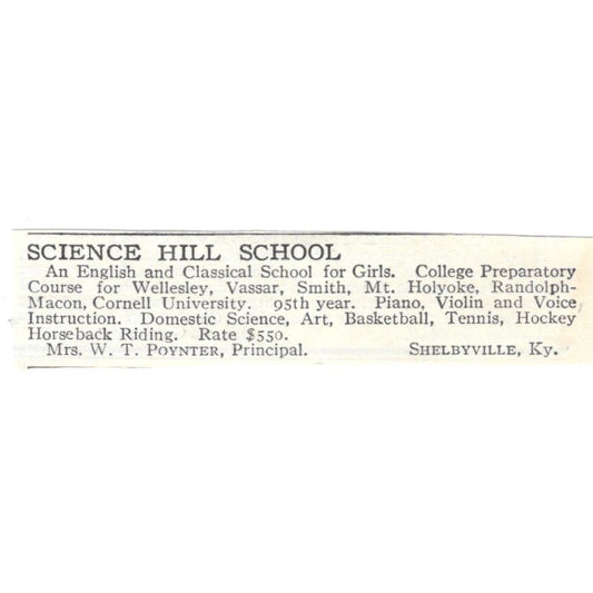 Science Hill School W.T. Poynter Shelbyville KY c1918 Advertisement AE5-SA4