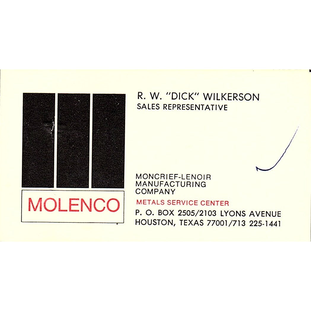 R.W. Dick Wilkerson Molenco Moncrief-Lenoir Houston Vintage Business Card SD9-B5