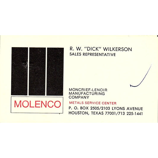 R.W. Dick Wilkerson Molenco Moncrief-Lenoir Houston Vintage Business Card SD9-B5