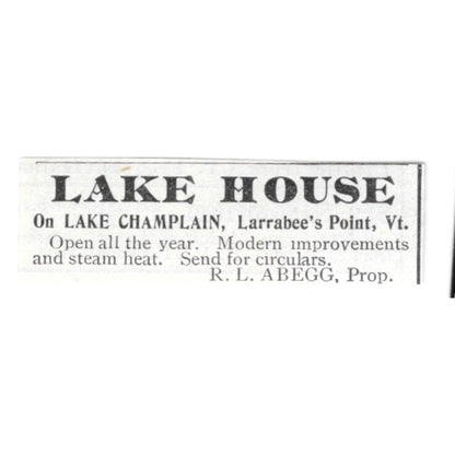 Lakehouse on Lake Champlain Larrabees Point VT R.L. Abegg 1903 Ad AF8-S36